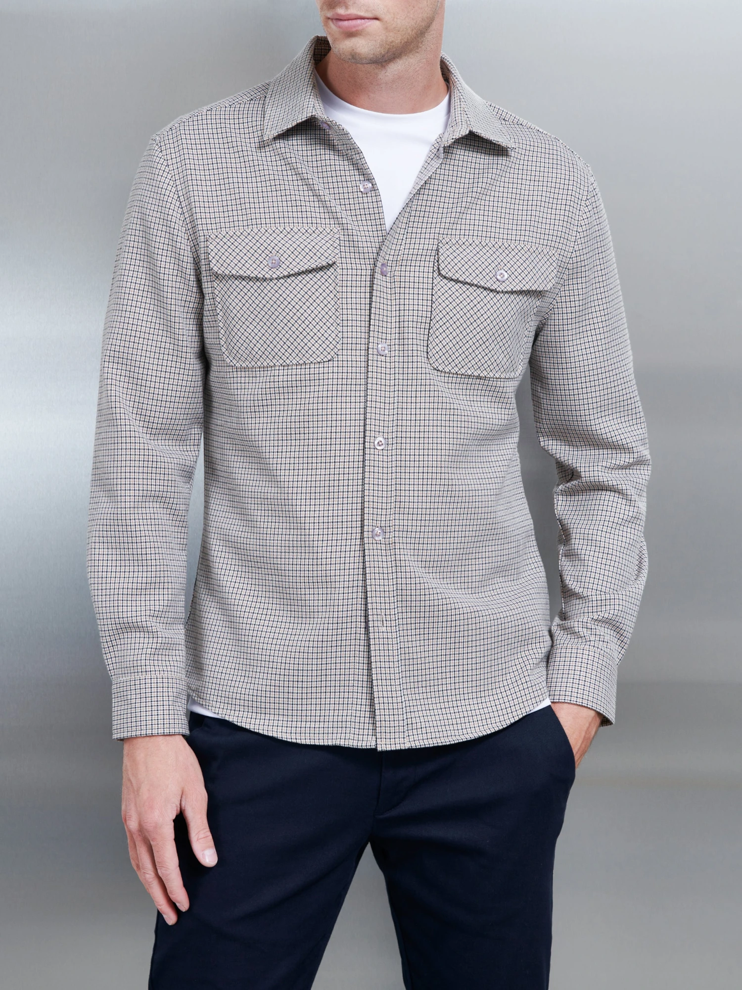Fine Check Overshirt In Stone 7 Fine Check Overshirt In Stone - Image 5