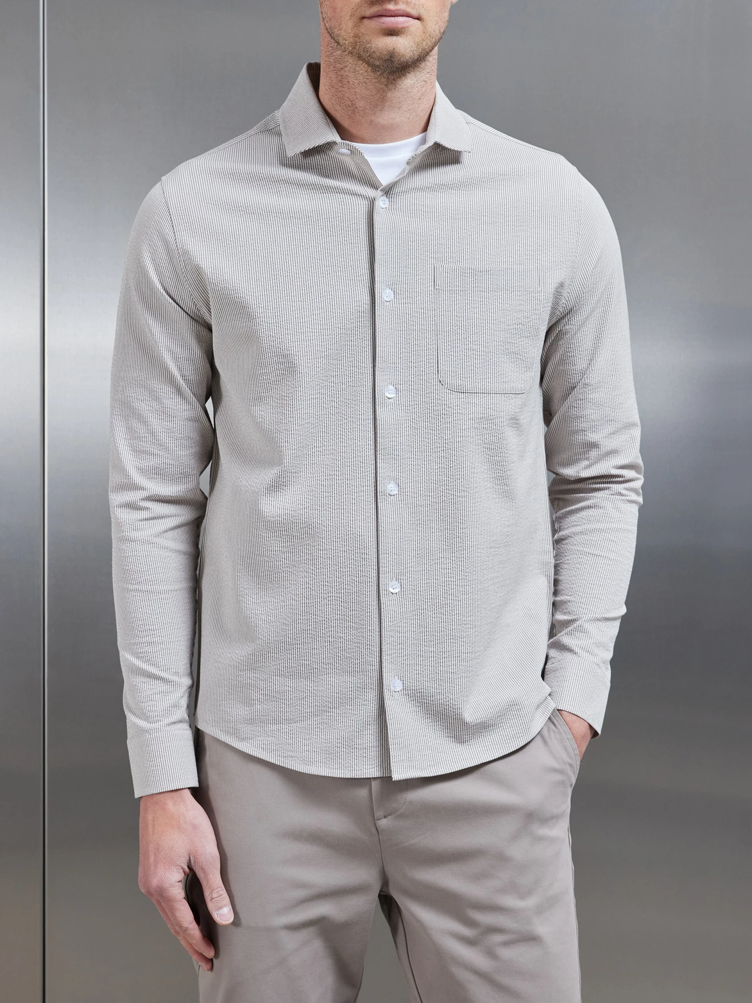 Fine Stripe Long Sleeve Cutaway Collar Shirt In Stone 5 Fine Stripe Long Sleeve Cutaway Collar Shirt In Stone - Image 3