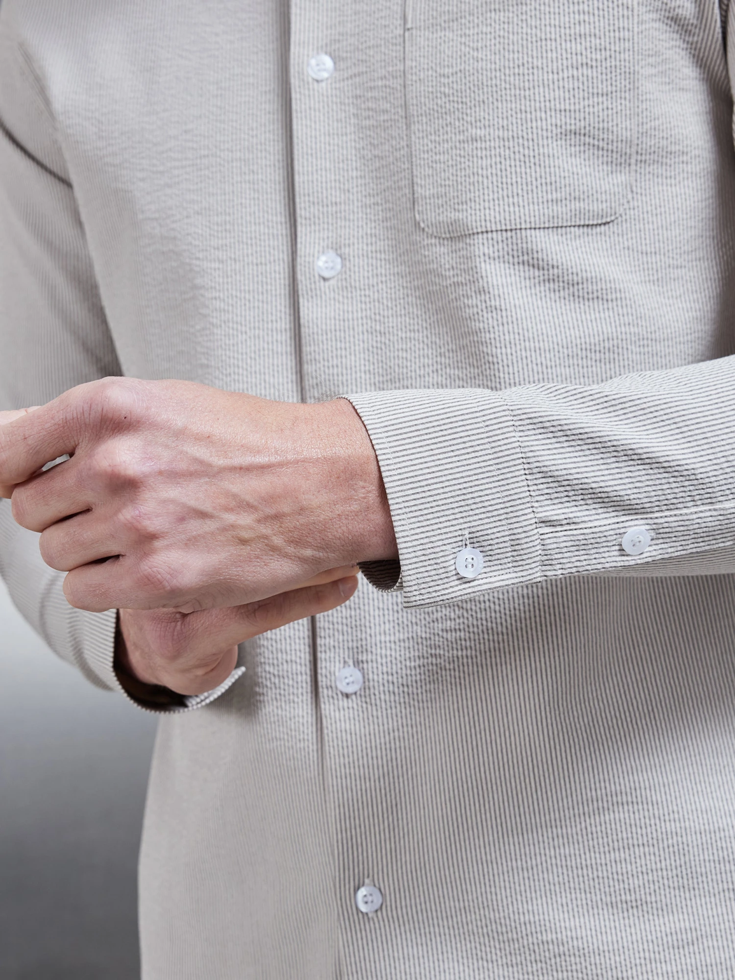 Fine Stripe Long Sleeve Cutaway Collar Shirt In Stone 8 Fine Stripe Long Sleeve Cutaway Collar Shirt In Stone - Image 6