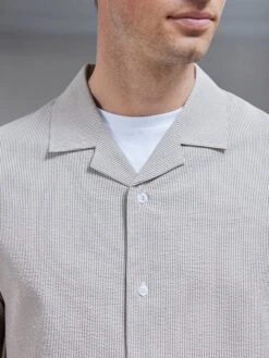 Fine Stripe Short Sleeve Revere Collar Shirt In Stone -Cheap Shirts Shop FINE STRIPE REVERE COLLAR SHIRT IN STONE 32664