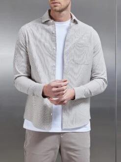 Fine Stripe Long Sleeve Cutaway Collar Shirt In Stone