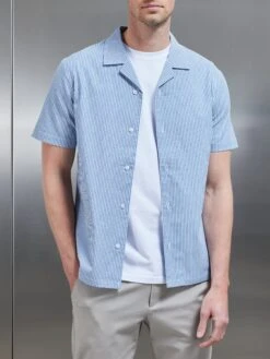 Stripe Short Sleeve Revere Collar Shirt In Blue