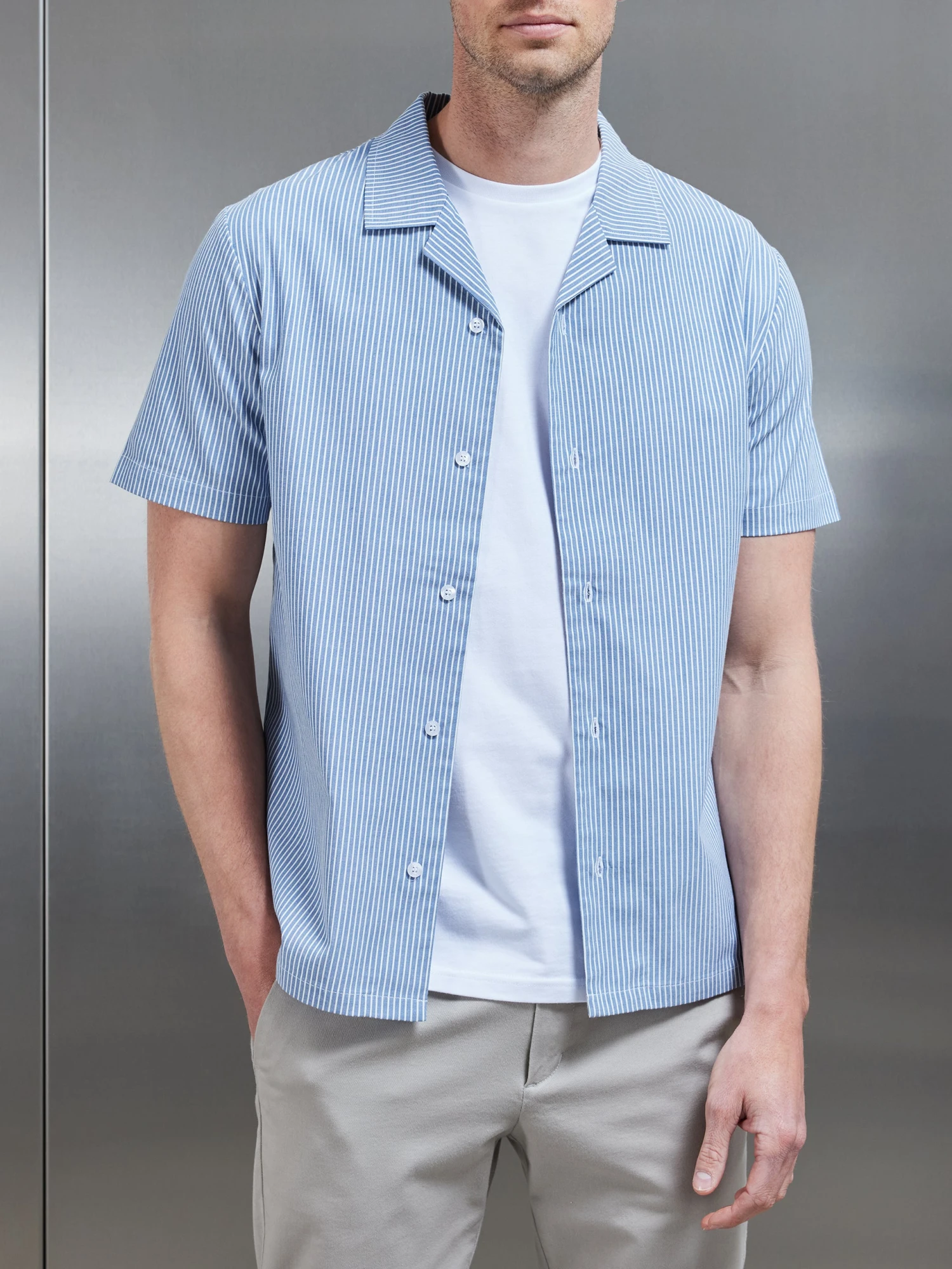 Stripe Short Sleeve Revere Collar Shirt In Blue 3 Stripe Short Sleeve Revere Collar Shirt In Blue