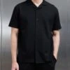 Interlock Relaxed Fit Revere Collar Shirt In Black 2 Interlock Relaxed Fit Revere Collar Shirt In Black -Cheap Shirts Shop INTERLOCK RELAXED SHIRT IN BLACK 0957