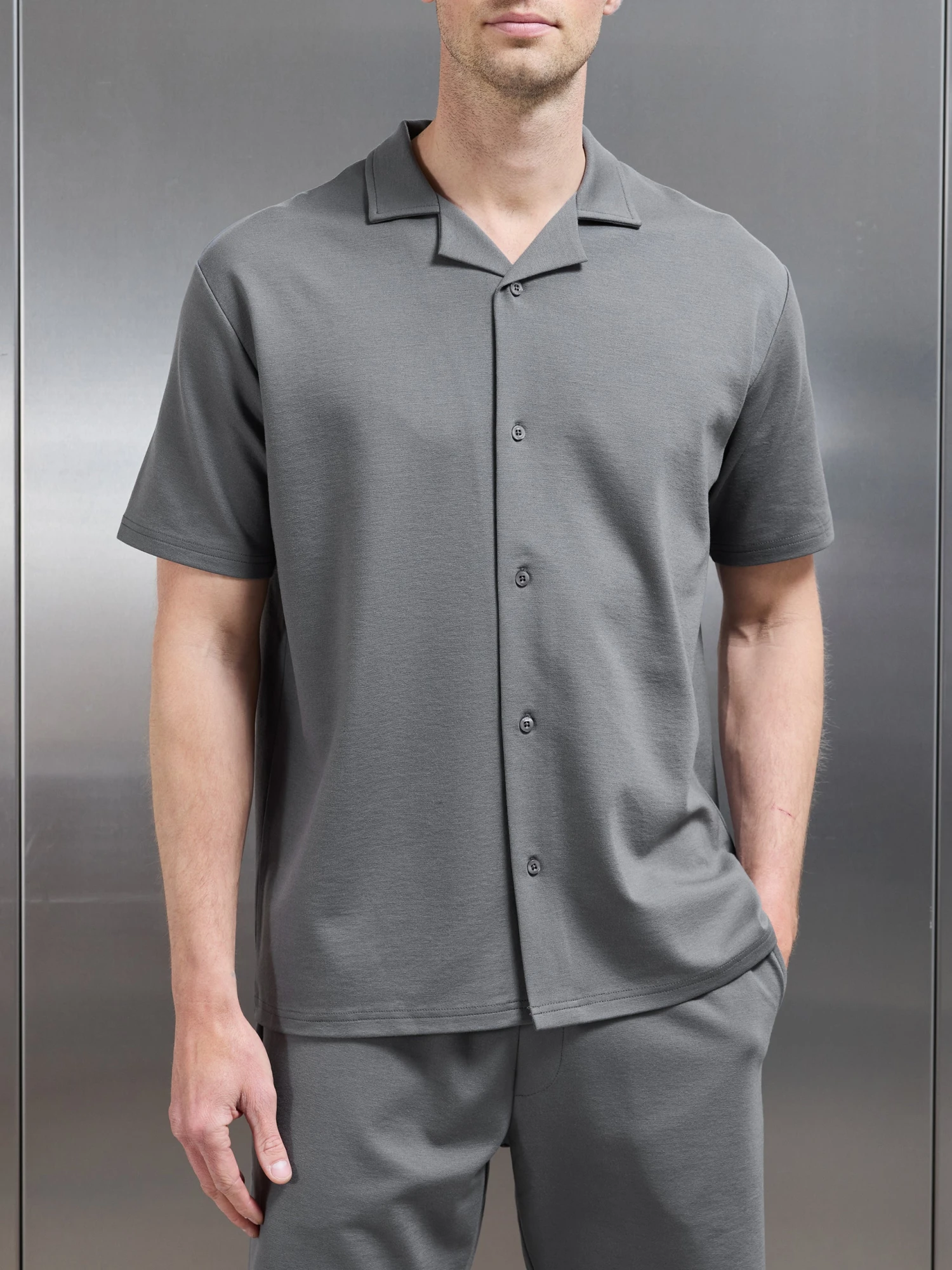 Interlock Relaxed Fit Revere Collar Shirt In Grey 3 Interlock Relaxed Fit Revere Collar Shirt In Grey
