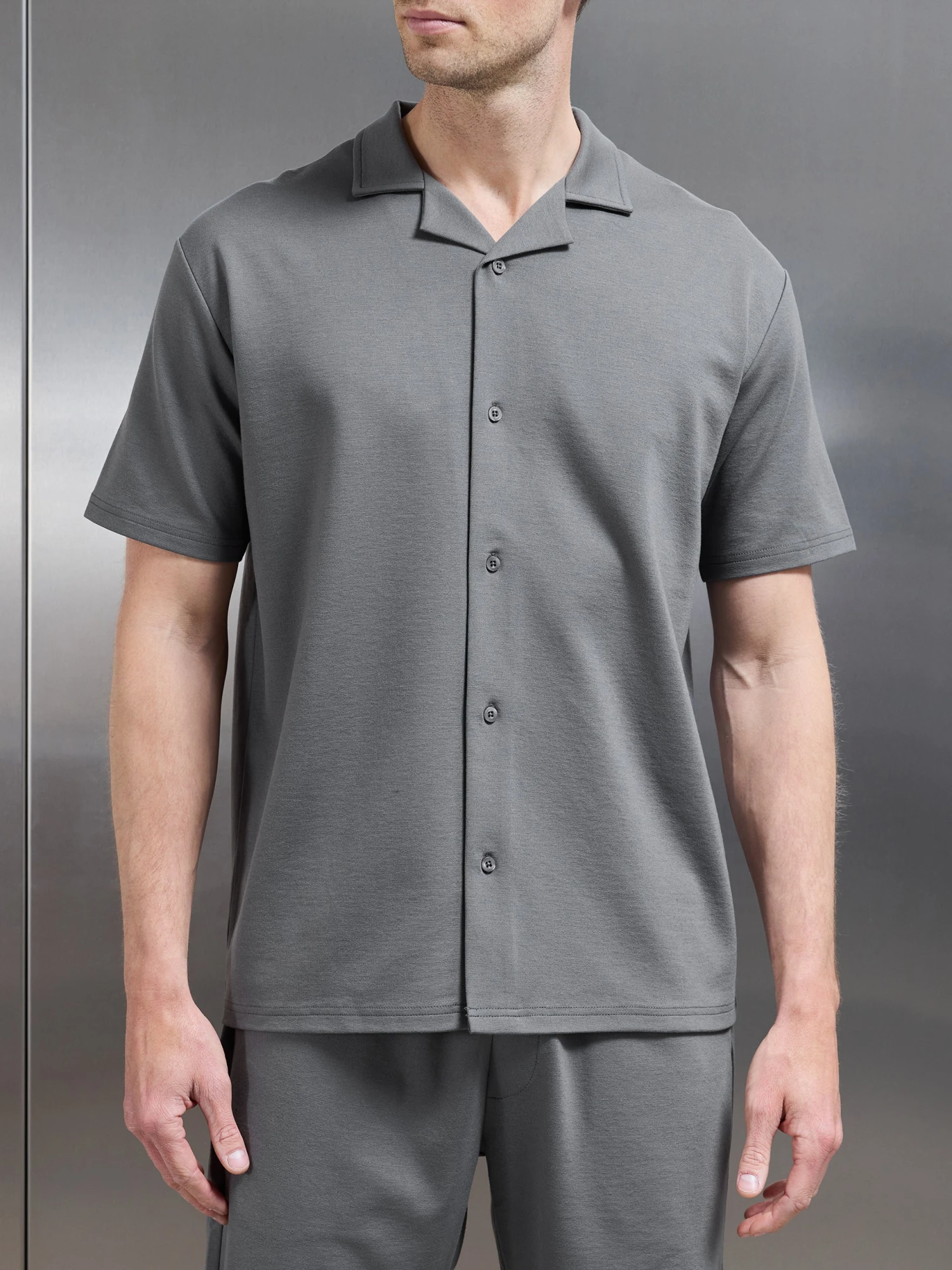 Interlock Relaxed Fit Revere Collar Shirt In Grey 6 Interlock Relaxed Fit Revere Collar Shirt In Grey - Image 4