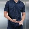 Textured Interlock Revere Collar Shirt In Navy -Cheap Shirts Shop INTERLOCK REVERE COLLAR NAVY 0062