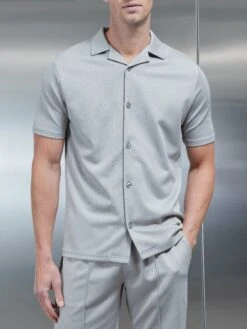 Textured Interlock Revere Collar Shirt In Stone