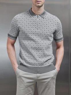 Jacquard Knitted Zip Polo Shirt In Grey