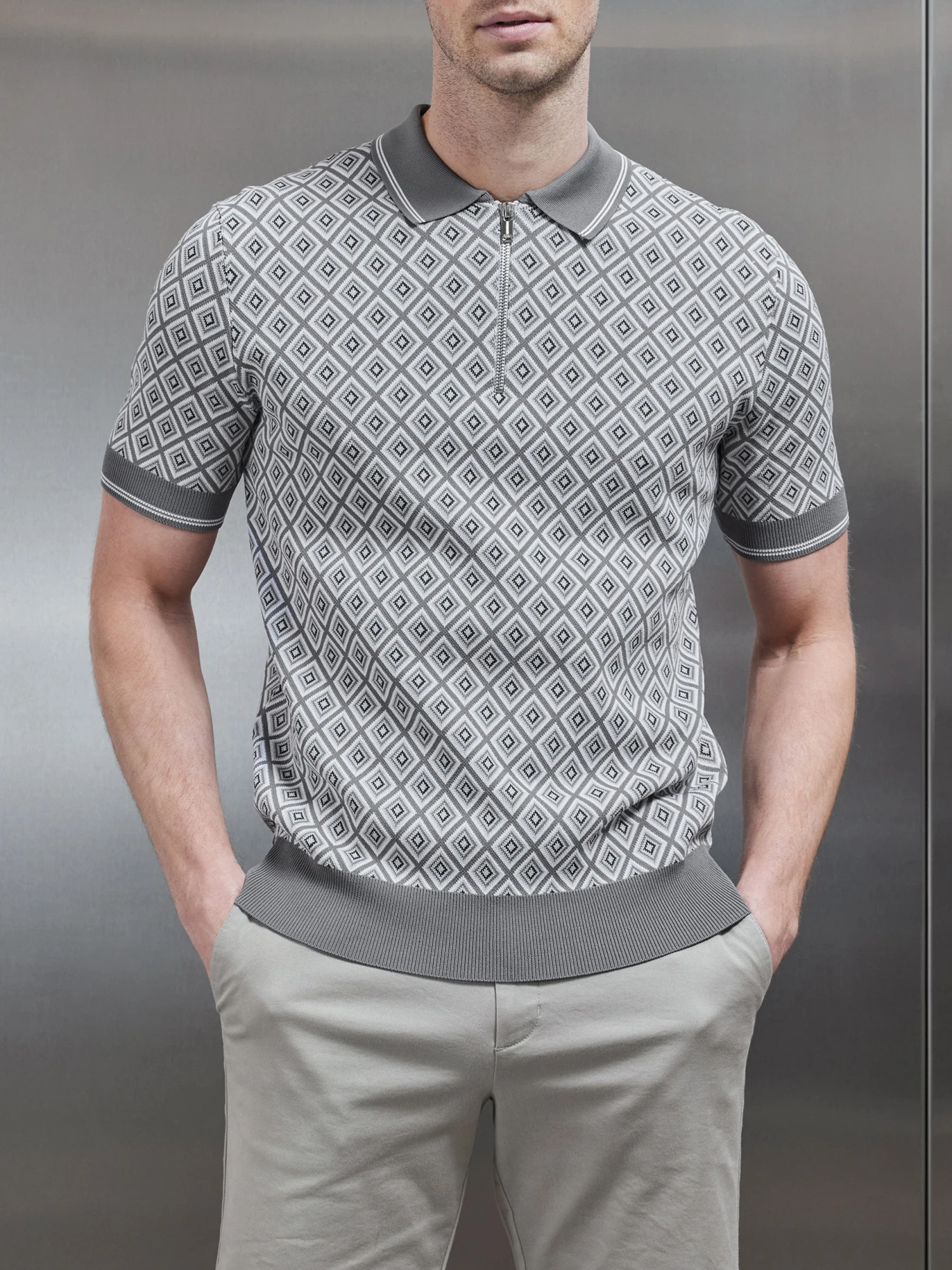 Jacquard Knitted Zip Polo Shirt In Grey 3 Jacquard Knitted Zip Polo Shirt In Grey