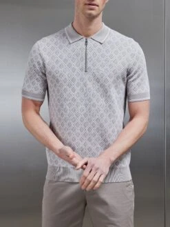 Jacquard Knitted Zip Polo Shirt In Stone -Cheap Shirts Shop JACQUARD KNITTED ZIP POLO SHIRT IN STONE 0344