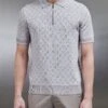 Jacquard Knitted Zip Polo Shirt In Stone -Cheap Shirts Shop JACQUARD KNITTED ZIP POLO SHIRT IN STONE 19055