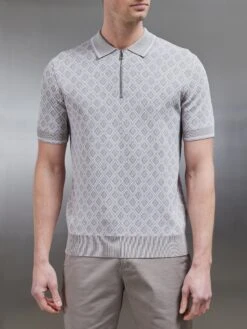 Jacquard Knitted Zip Polo Shirt In Stone