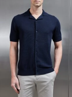 Knitted Revere Collar Shirt In Navy