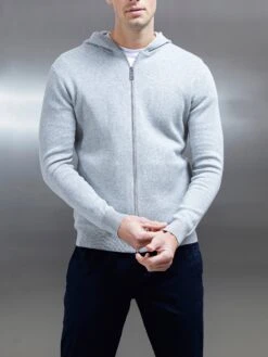 Knitted Zip Through Hoodie In Marl Grey