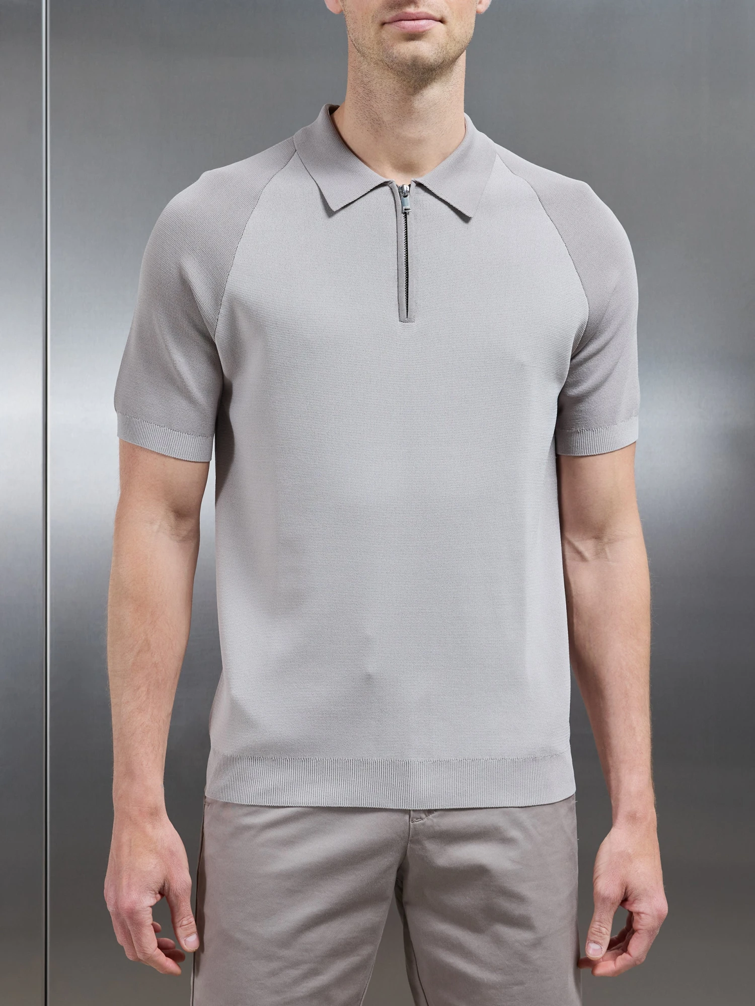 Knitted Raglan Colour Block Zip Polo In Stone 6 Knitted Raglan Colour Block Zip Polo In Stone - Image 4