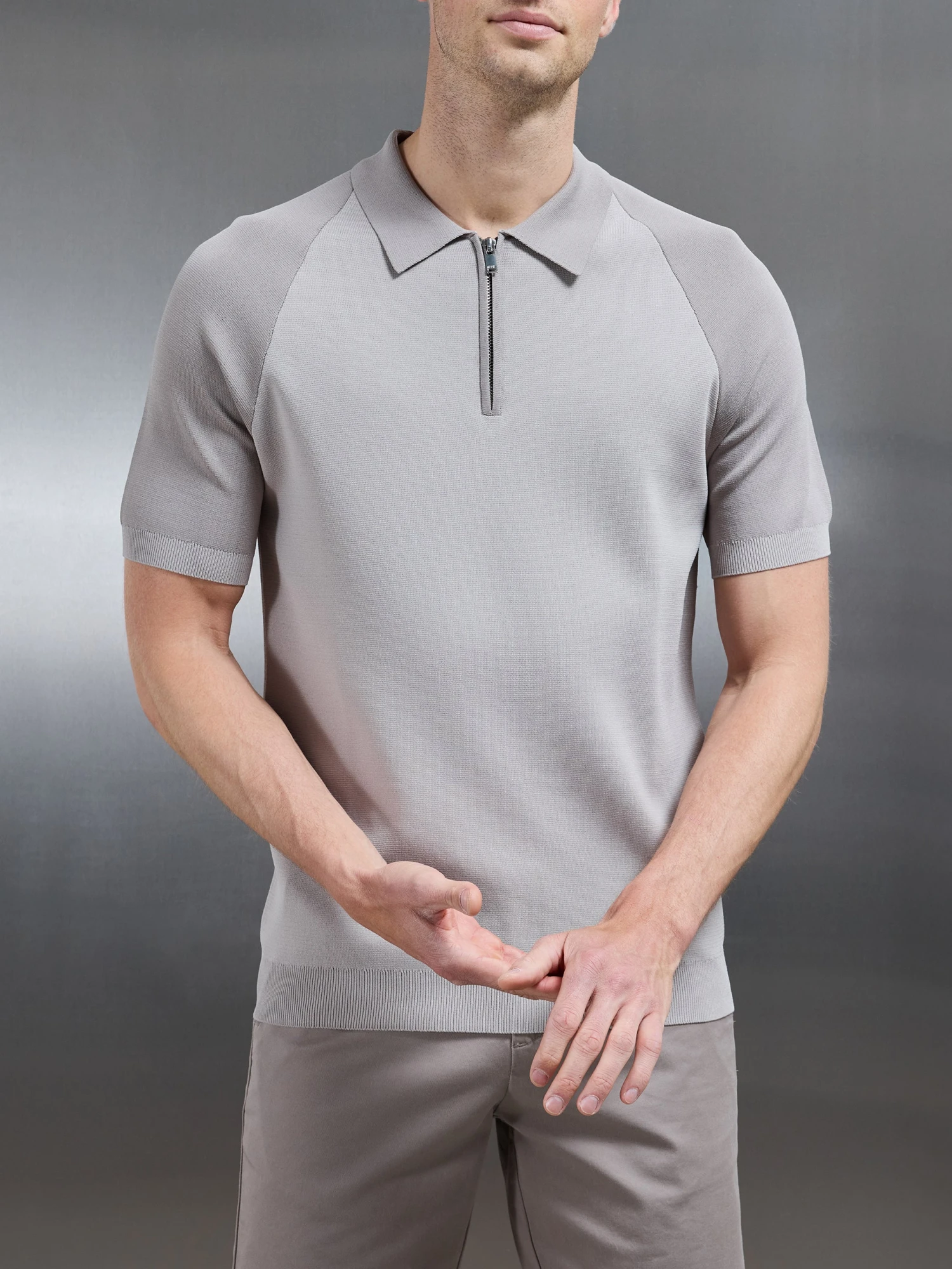 Knitted Raglan Colour Block Zip Polo In Stone 7 Knitted Raglan Colour Block Zip Polo In Stone - Image 5