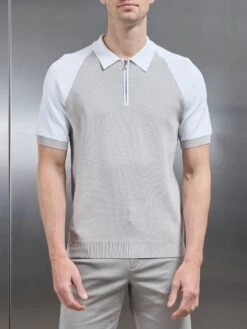 Knitted Raglan Colour Block Zip Polo In Mid Grey White -Cheap Shirts Shop KNITTED RAGLAN POLO SHIRT IN WHITE 4880