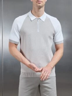 Knitted Raglan Colour Block Zip Polo In Mid Grey White -Cheap Shirts Shop KNITTED RAGLAN POLO SHIRT IN WHITE 4881