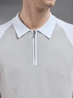 Knitted Raglan Colour Block Zip Polo In Mid Grey White -Cheap Shirts Shop KNITTED RAGLAN POLO SHIRT IN WHITE 4891
