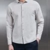 Linen Long Sleeve Cutaway Collar Shirt In Stone 1 Linen Long Sleeve Cutaway Collar Shirt In Stone -Cheap Shirts Shop LINEN LONG SLEEVE CUTAWAY COLLAR SHIRT IN STONE 1330