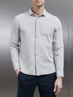 Linen Long Sleeve Cutaway Collar Shirt In Stone -Cheap Shirts Shop LINEN LONG SLEEVE CUTAWAY COLLAR SHIRT IN STONE 1336