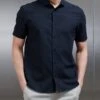 Linen Short Sleeve Cutaway Collar Shirt In Navy
