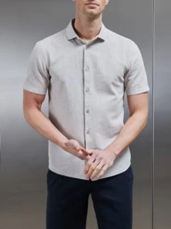 Cheap Shirts Shop 13 Linen Short Sleeve Cutaway Collar Shirt In Stone