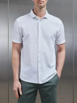 Linen Short Sleeve Cutaway Collar Shirt In White -Cheap Shirts Shop LINEN SHORT SLEEVE CUTAWAY COLLAR SHIRT IN WHITE 28643