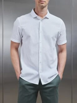 Linen Short Sleeve Cutaway Collar Shirt In White