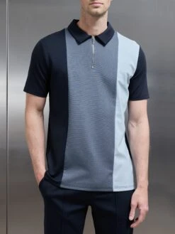 Luxe Colour Block Zip Polo Shirt In Navy