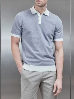 Melange Contrast Button Polo Shirt In Navy