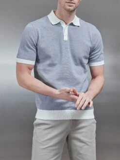 Melange Contrast Button Polo Shirt In Navy -Cheap Shirts Shop MELANGE CONTRAST BUTTON POLO SHIRT IN NAVY 8399