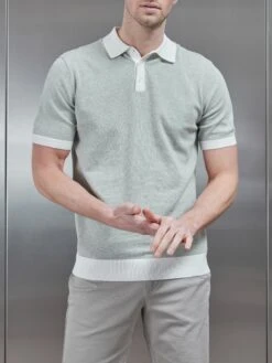 Melange Contrast Button Polo Shirt In Sage -Cheap Shirts Shop MELANGE CONTRAST BUTTON POLO SHIRT IN SAGE 8433