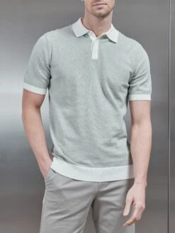 Melange Contrast Button Polo Shirt In Sage