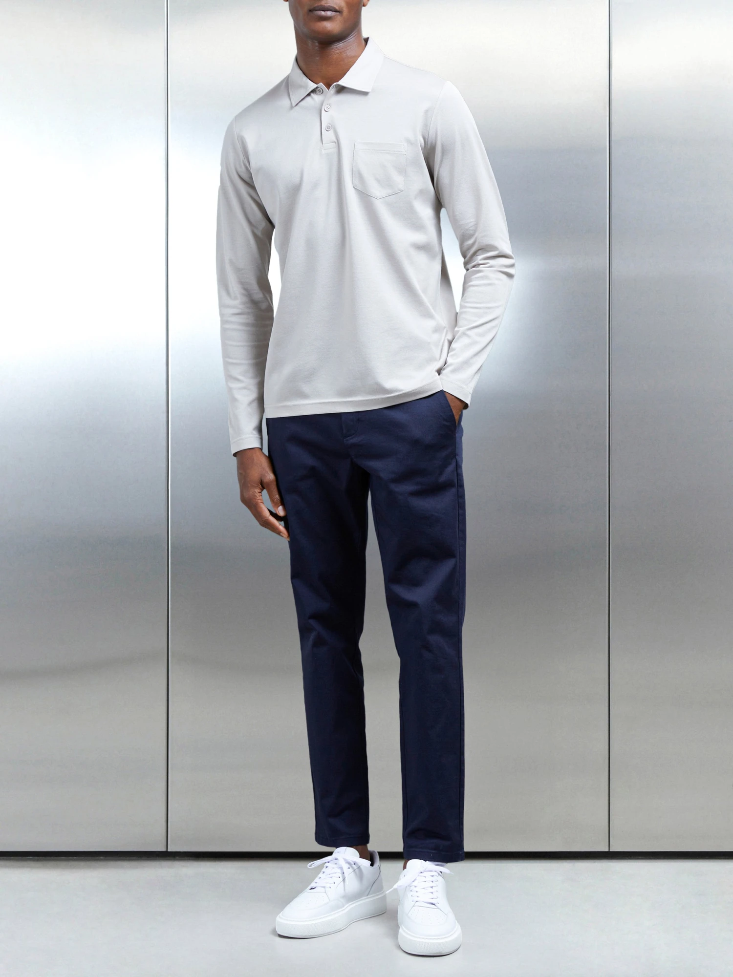 Mercerised Pique Long Sleeve Button Polo Shirt In Stone 6 Mercerised Pique Long Sleeve Button Polo Shirt In Stone - Image 4