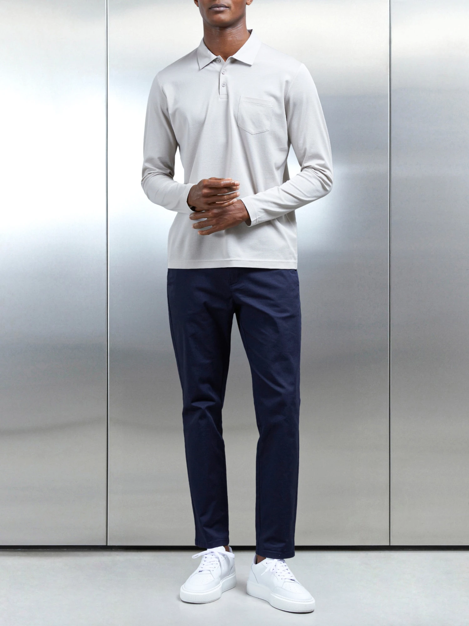 Mercerised Pique Long Sleeve Button Polo Shirt In Stone 4 Mercerised Pique Long Sleeve Button Polo Shirt In Stone - Image 2