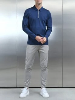 Mercerised Pique Long Sleeve Zip Polo Shirt In Navy -Cheap Shirts Shop MERCERISEDPIQUEZIPPOLO 5331