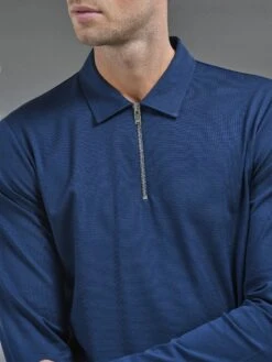 Mercerised Pique Long Sleeve Zip Polo Shirt In Navy -Cheap Shirts Shop MERCERISEDPIQUEZIPPOLO 5344