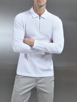 Mercerised Pique Long Sleeve Zip Polo Shirt In White