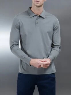 Supima Cotton Long Sleeve Button Polo Shirt In Sage -Cheap Shirts Shop MERCERISEDSUPIMALONGSLEEVEBUTTONPOLOSHIRT SAGE 0856