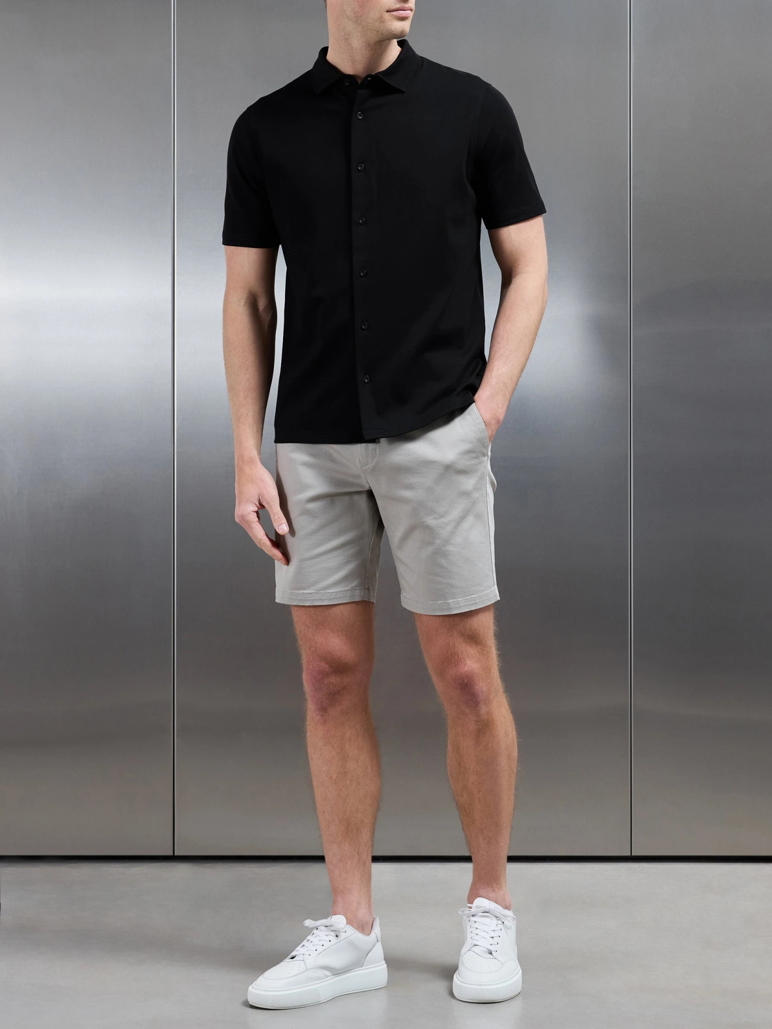 Mercerised Interlock Short Sleeve Button Through Shirt In Black 4 Mercerised Interlock Short Sleeve Button Through Shirt In Black - Image 2