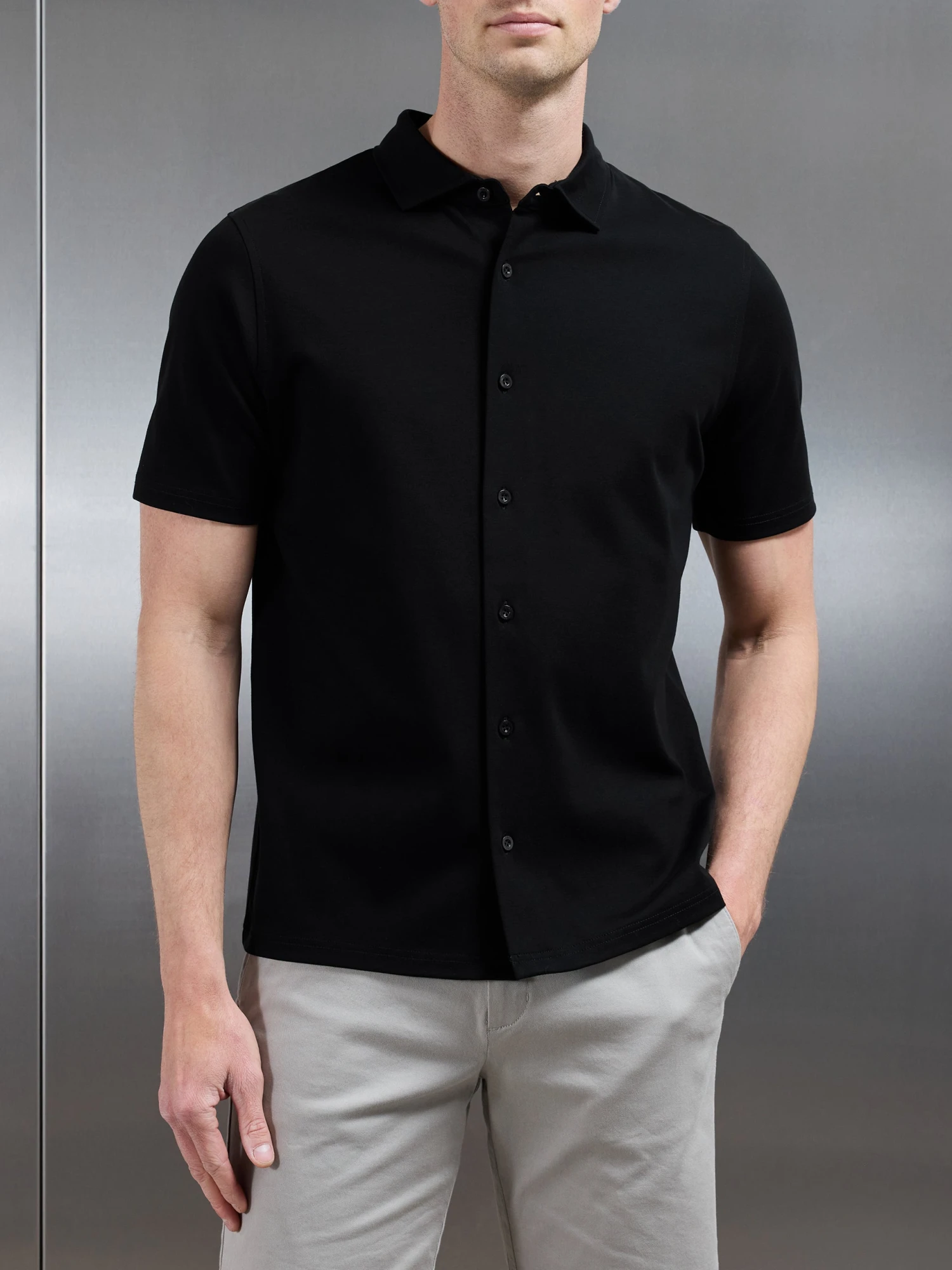 Mercerised Interlock Short Sleeve Button Through Shirt In Black 6 Mercerised Interlock Short Sleeve Button Through Shirt In Black - Image 4