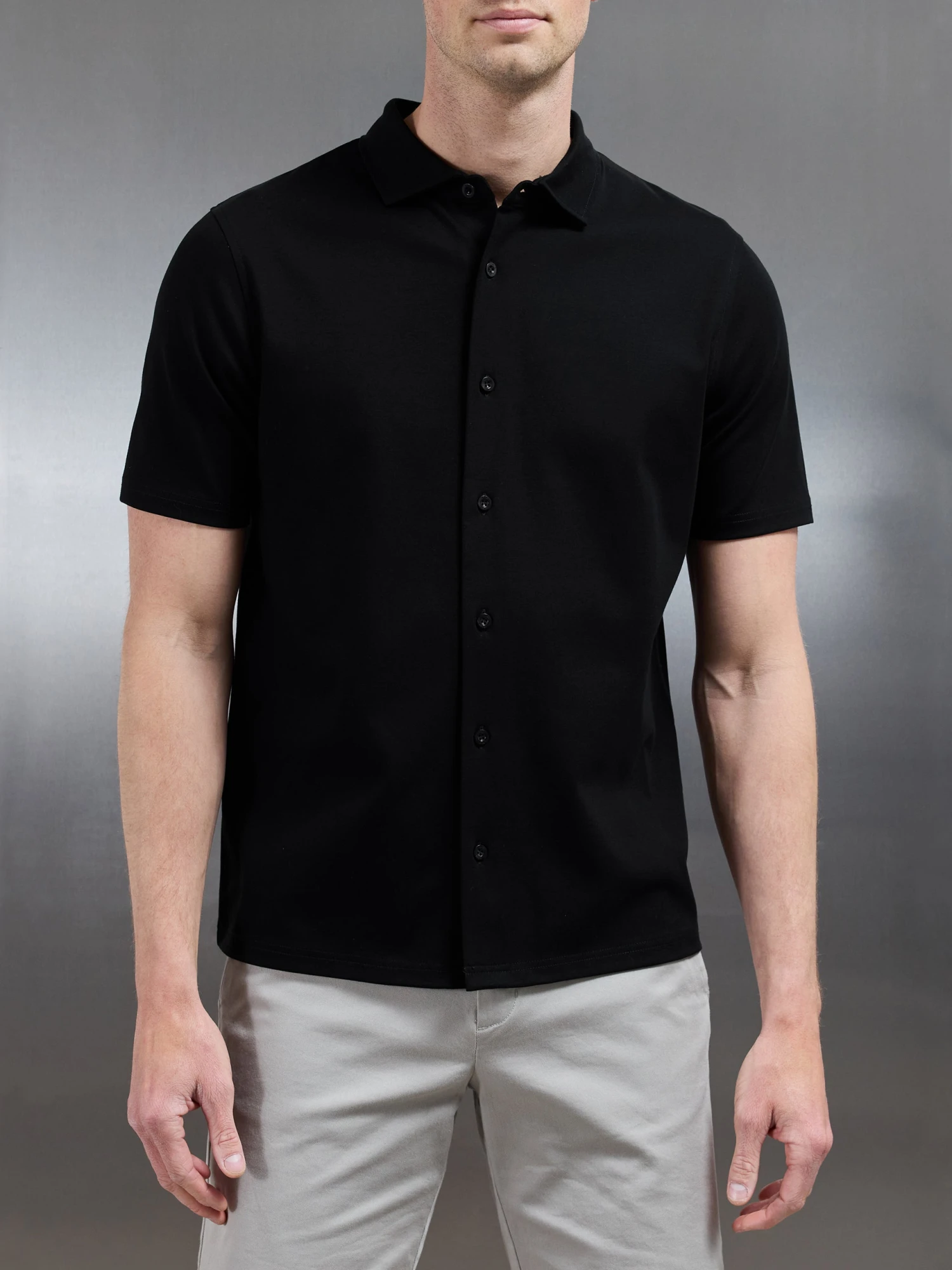 Mercerised Interlock Short Sleeve Button Through Shirt In Black 7 Mercerised Interlock Short Sleeve Button Through Shirt In Black - Image 5