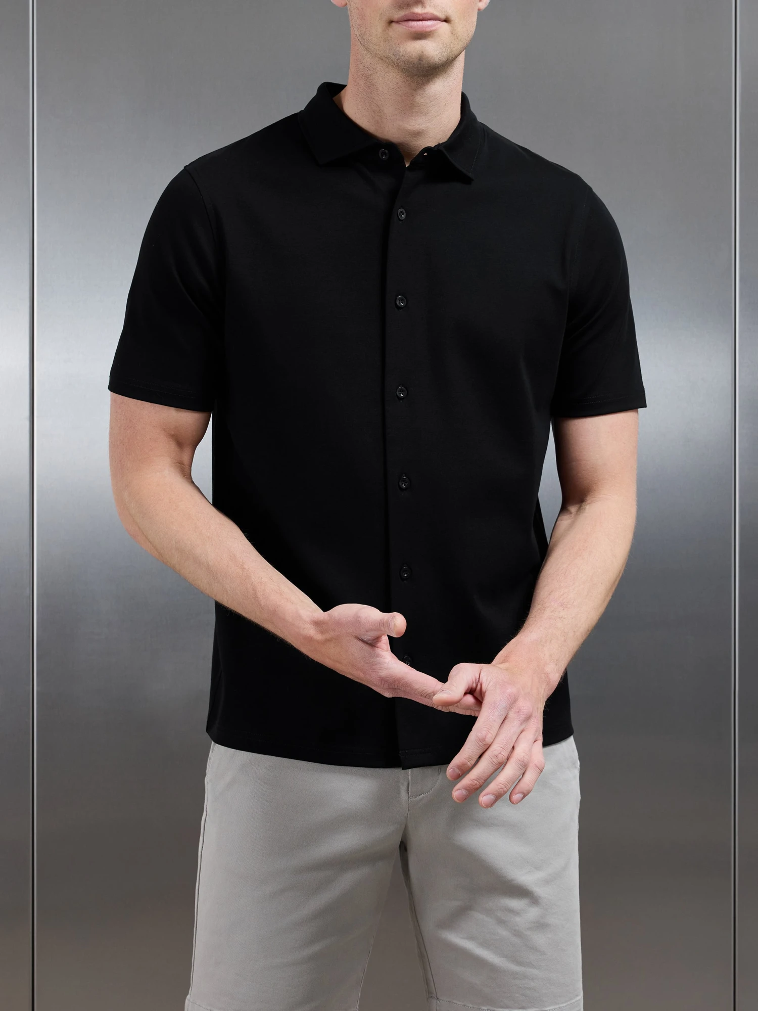 Mercerised Interlock Short Sleeve Button Through Shirt In Black 8 Mercerised Interlock Short Sleeve Button Through Shirt In Black - Image 6
