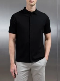 Mercerised Interlock Short Sleeve Button Through Shirt In Black