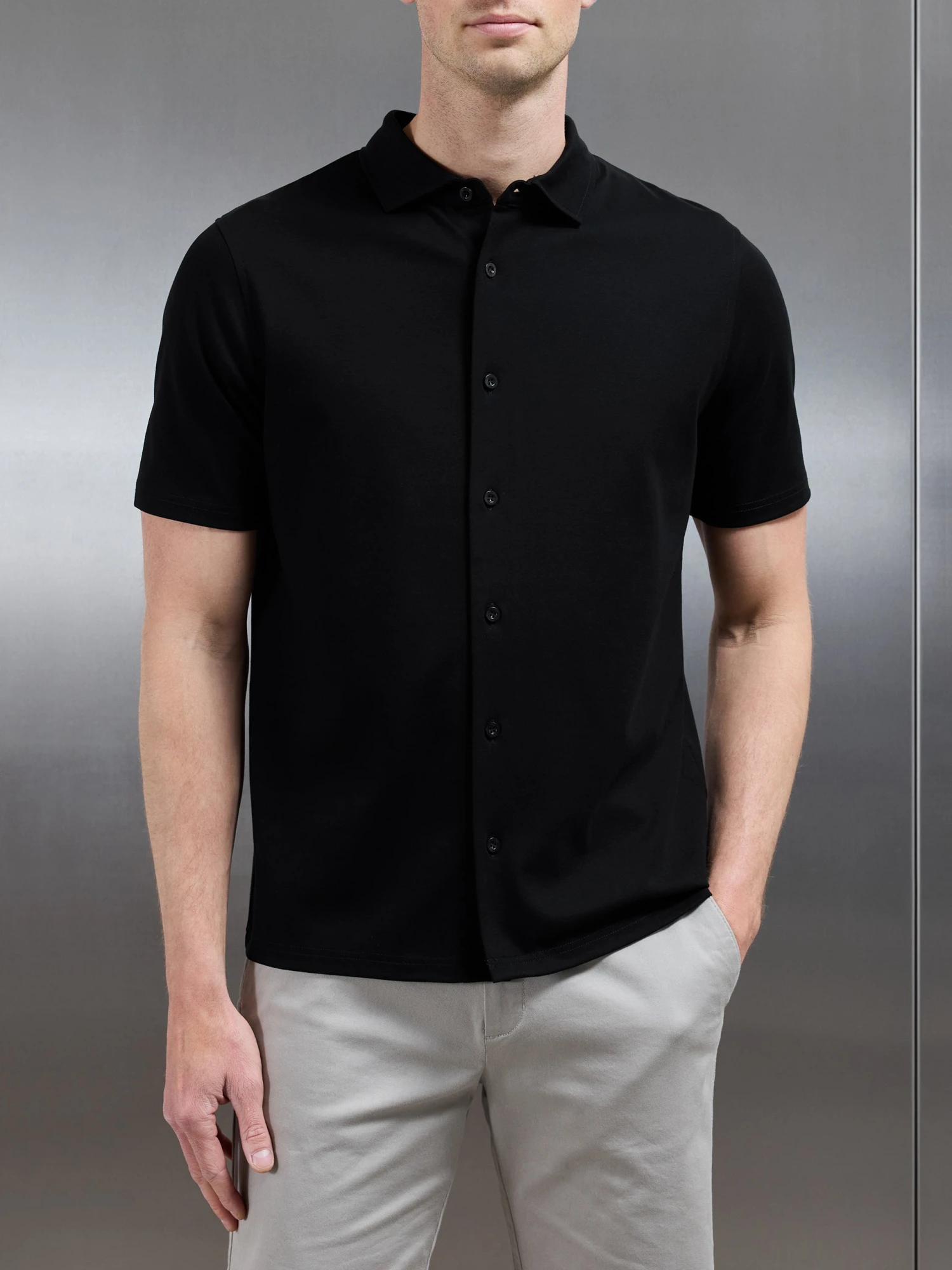 Mercerised Interlock Short Sleeve Button Through Shirt In Black 3 Mercerised Interlock Short Sleeve Button Through Shirt In Black