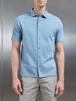 Mercerised Interlock Short Sleeve Button Through Shirt In Light Blue