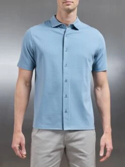 Mercerised Interlock Short Sleeve Button Through Shirt In Light Blue -Cheap Shirts Shop MERCERISED INTERLOCK BUTTON THROUGH SHIRT IN LIGHTBLUE 4709