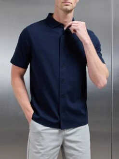 Mercerised Interlock Short Sleeve Button Through Shirt In Navy -Cheap Shirts Shop MERCERISED INTERLOCK BUTTON THROUGH SHIRT IN NAVY 675